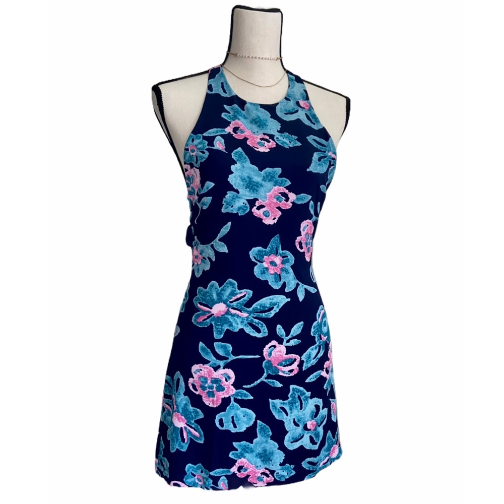 Navy Floral Tie Back Dress Large NWT